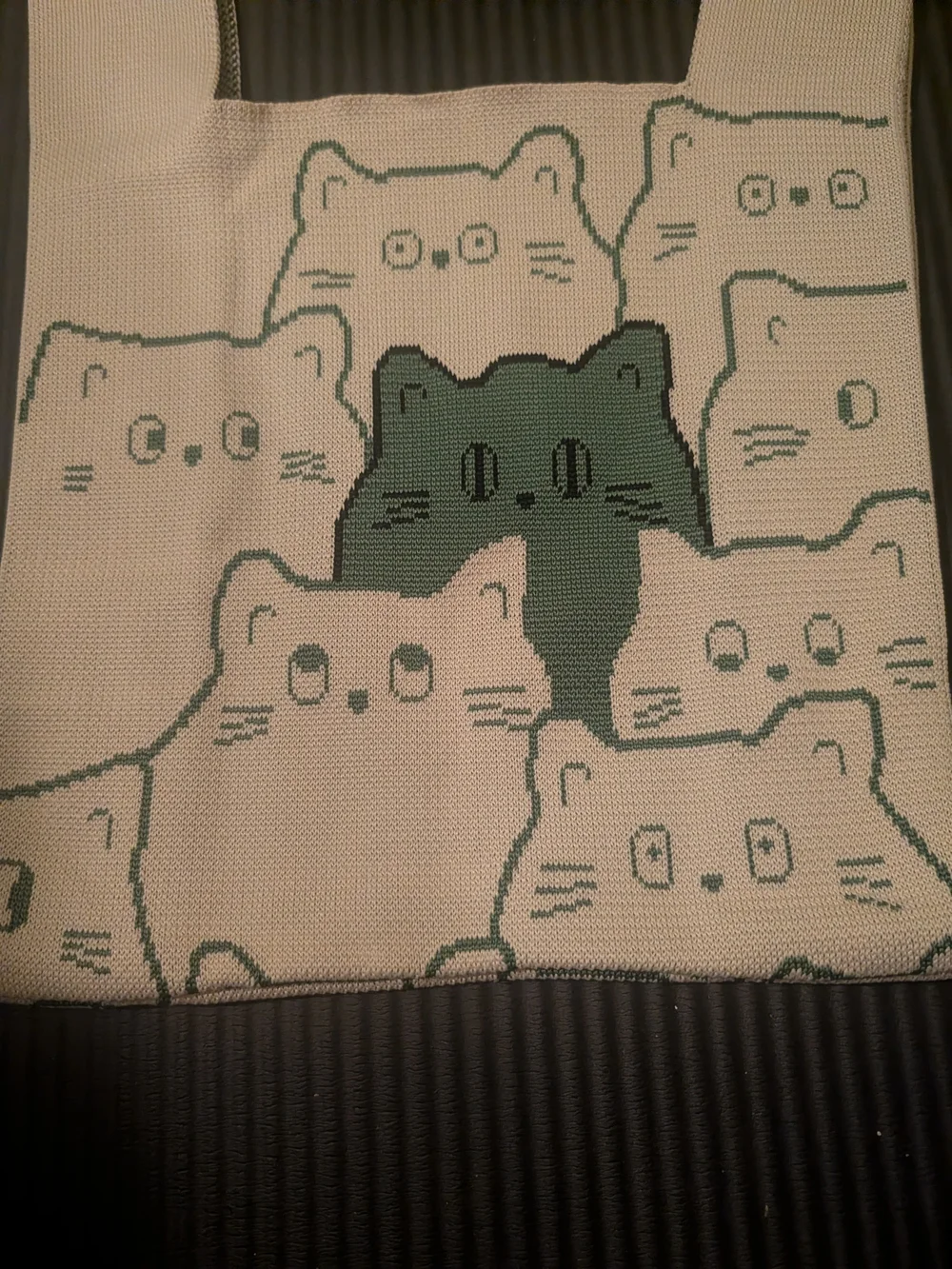 Cute Beige Tote with Green Cat Motif - Casual Knit Shoulder Bag Or Dog Bag